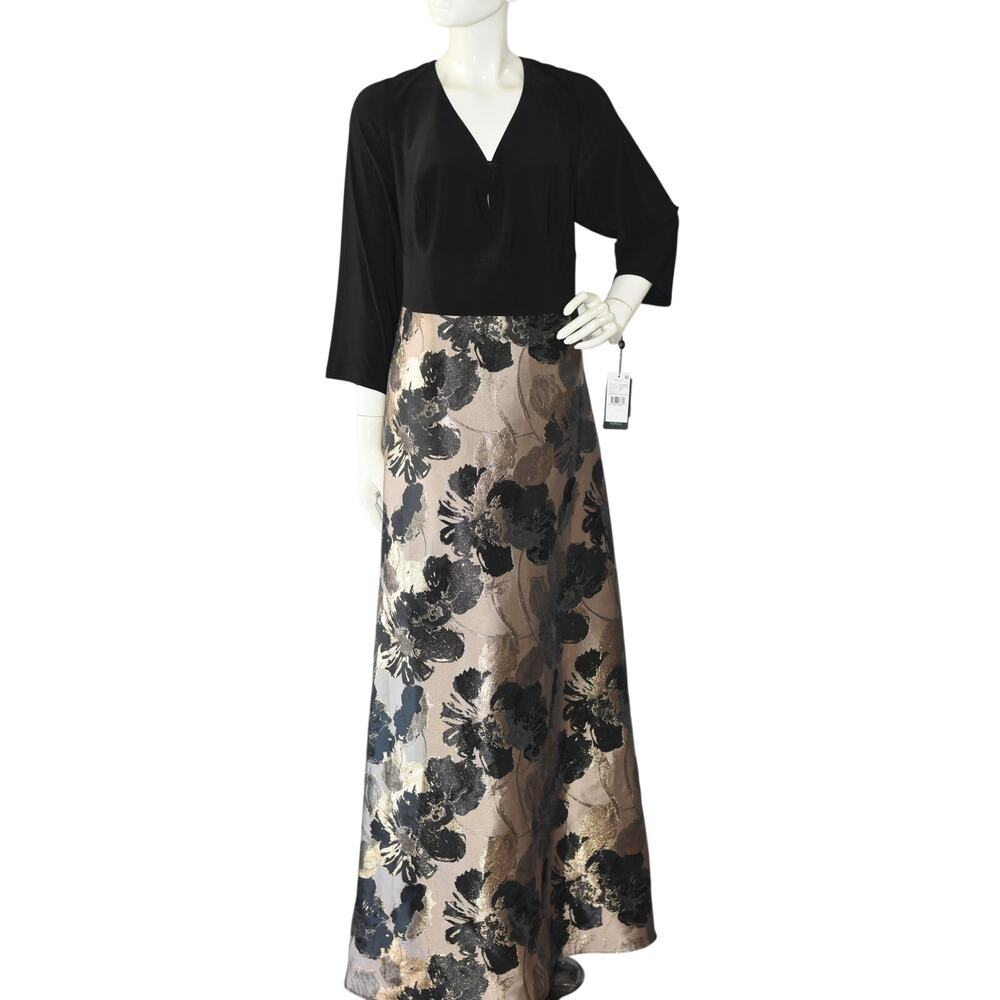Adrianna Papell Formal Elegant Evening Metallic Floral Jacquard 3/4 Sleeve Gown